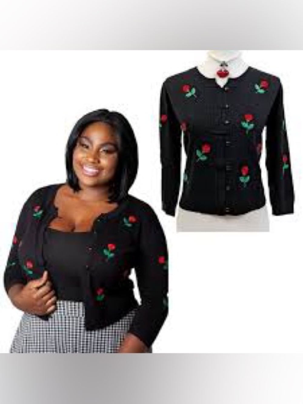 Voodoo Vixen Black Cropped Cardigan with Red Rose Embroidery